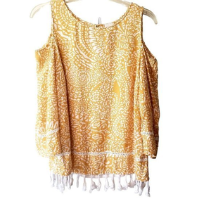 Chicos NWOT Yellow/White Cold Shoulder Top w/Embroidery Bottom Tassels Size 1 =M